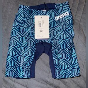 NWT. Arena Navy and Aqua Geometric Swim Jammers. Size 22 youth